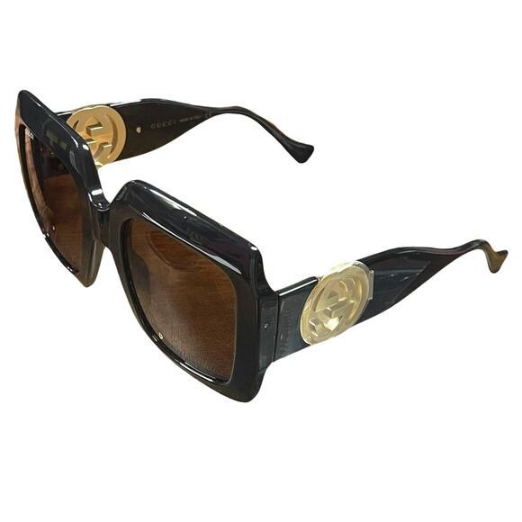 Gucci Oversized Black Square Sunglasses Brown Lens Gold Hardware‎ Chain Case New - Picture 1 of 8